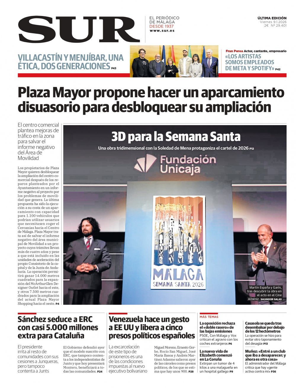 Portada de SUR, 09 de Enero de 2026