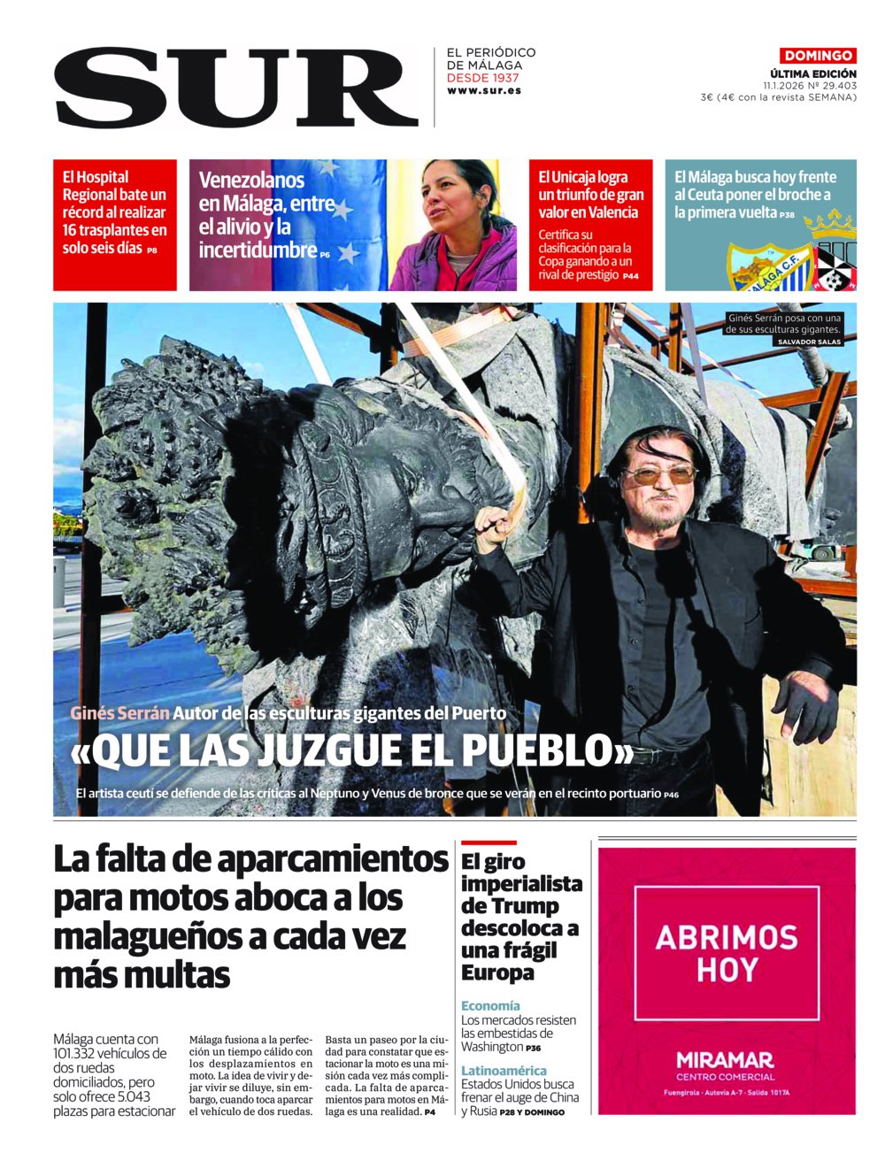 Portada de SUR, 11 de Enero de 2026