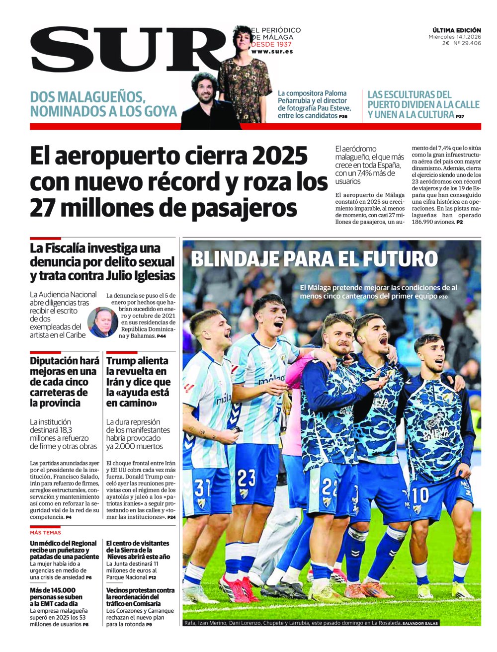 Portada de SUR, 14 de Enero de 2026