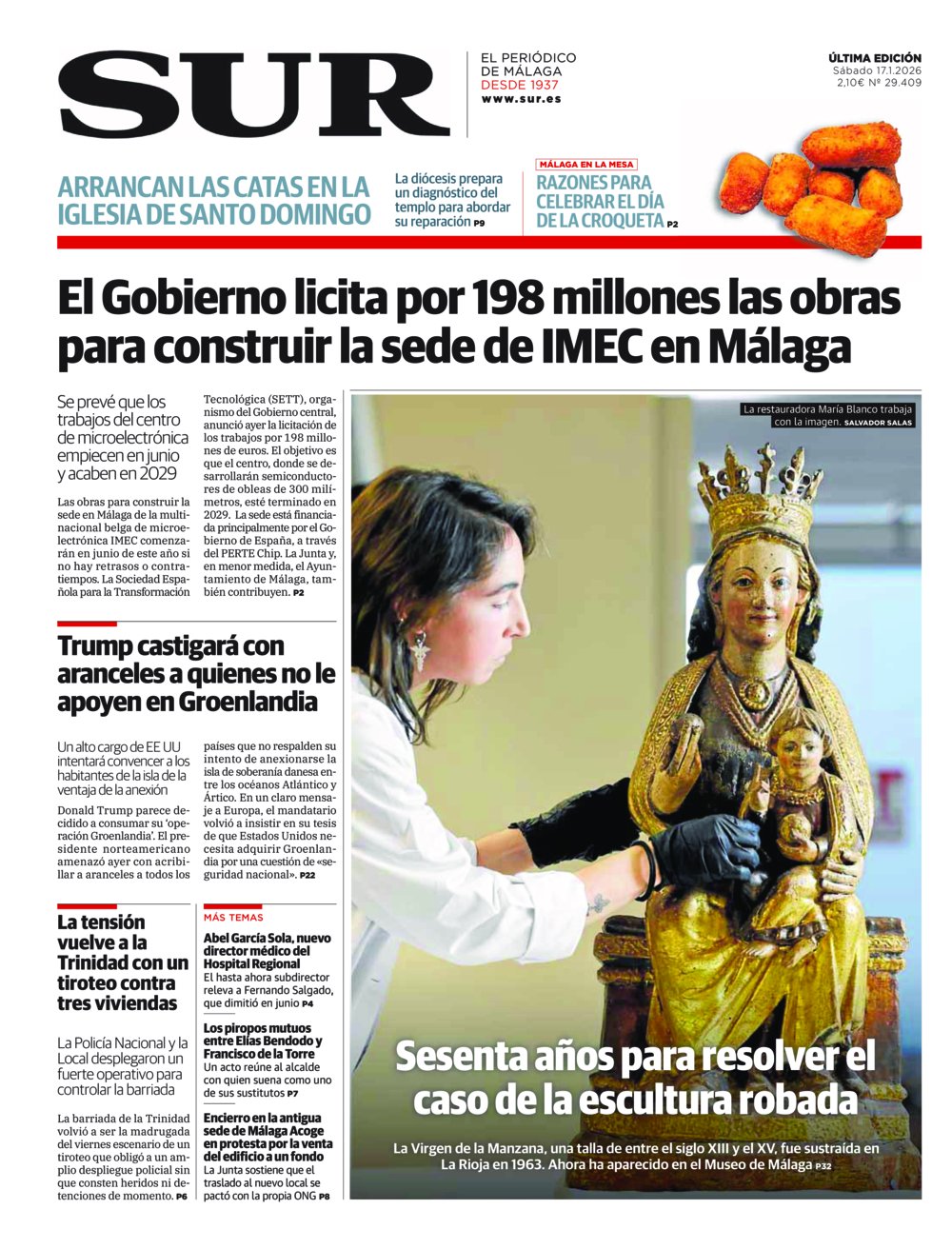 Portada de SUR, 17 de Enero de 2026