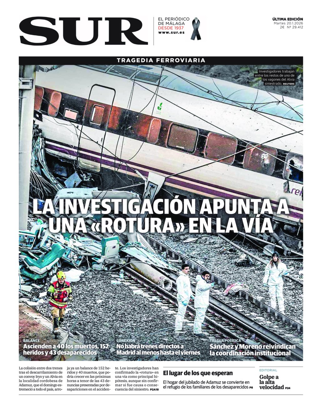 Portada de SUR, 20 de Enero de 2026