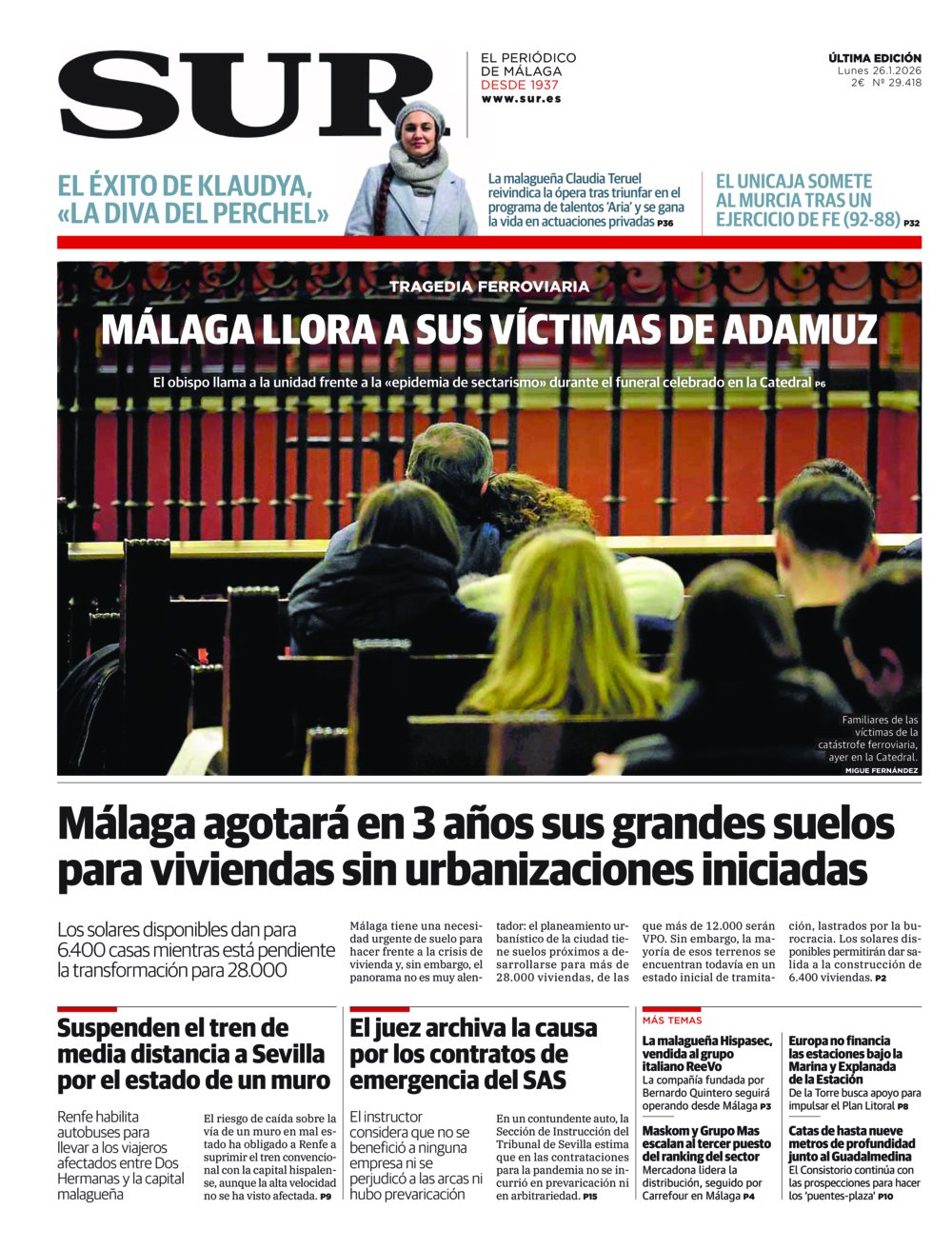 Portada de SUR, 26 de Enero de 2026