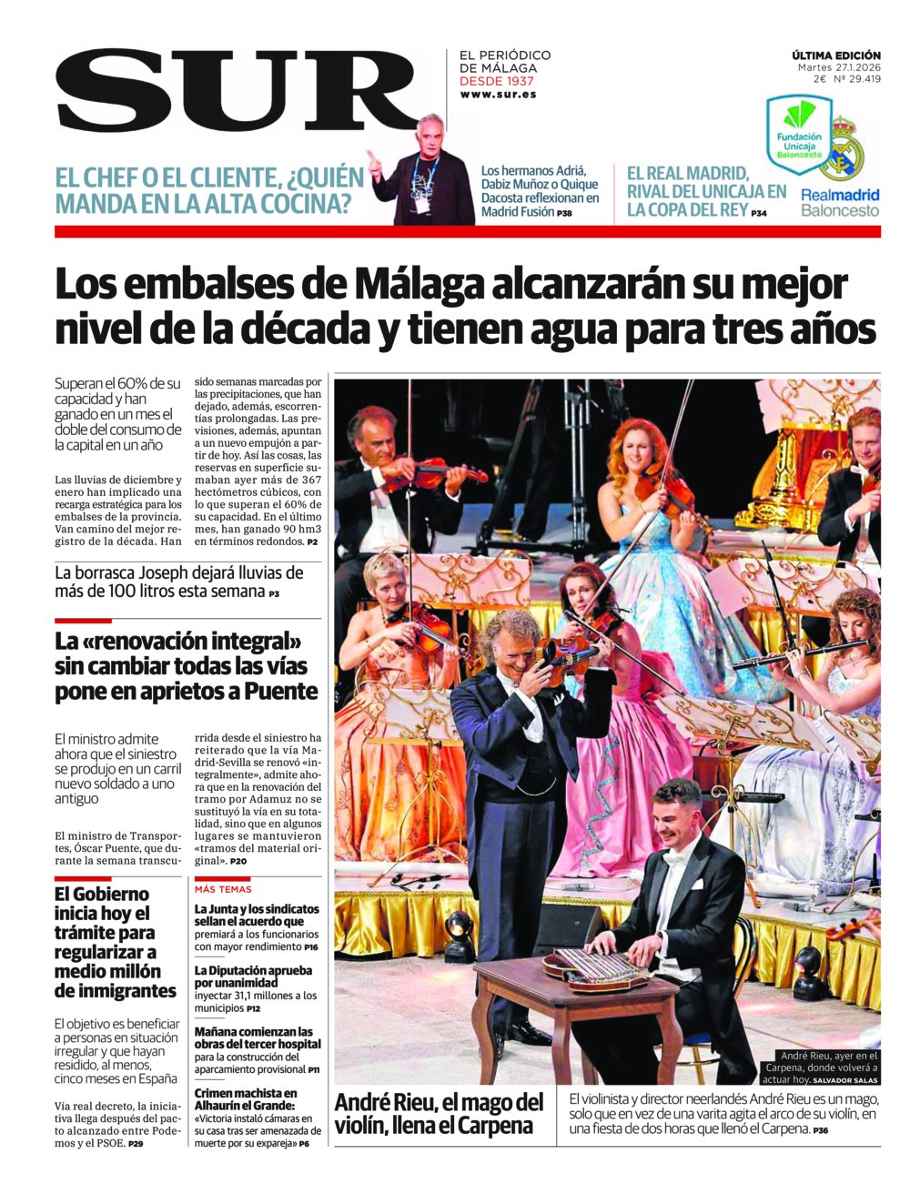 Portada de SUR, 27 de Enero de 2026