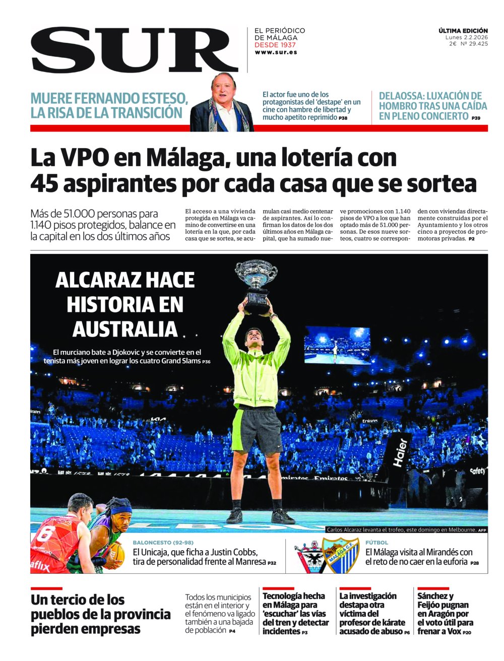 Portada de SUR, 02 de Febrero de 2026