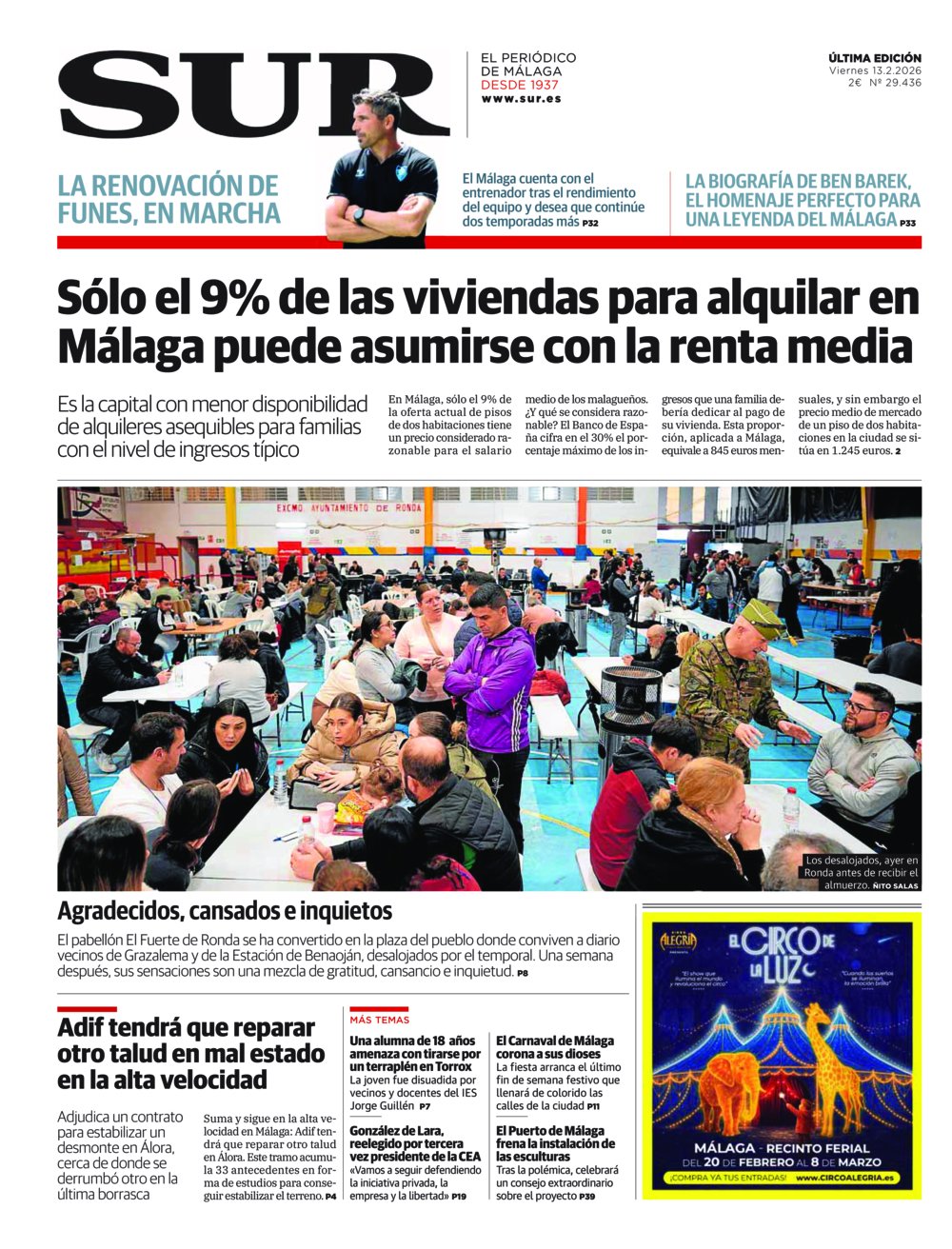 Portada de SUR, 13 de Febrero de 2026