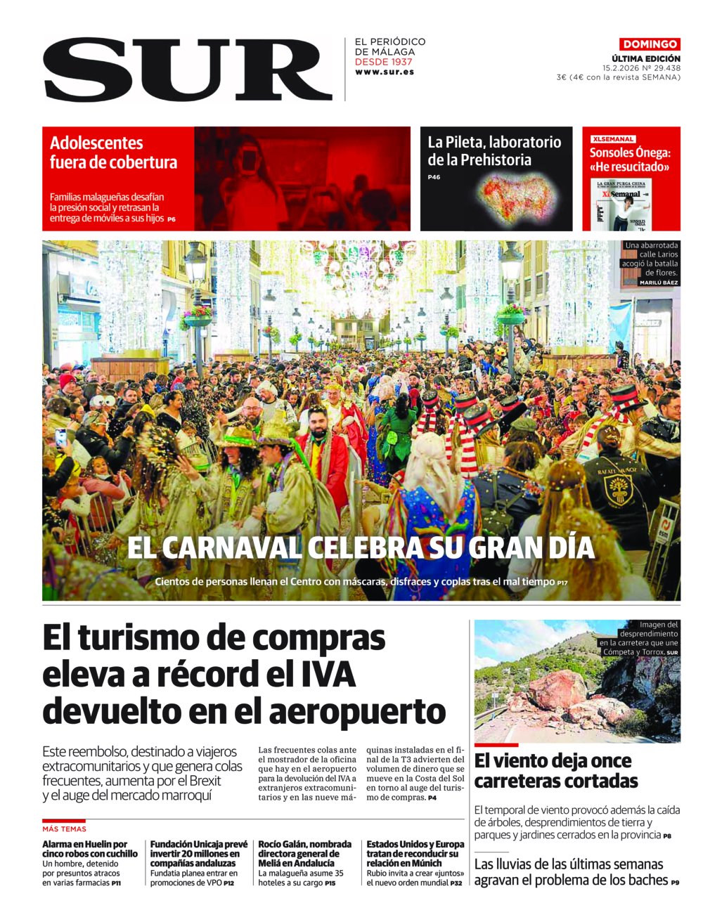Portada de SUR, 15 de Febrero de 2026