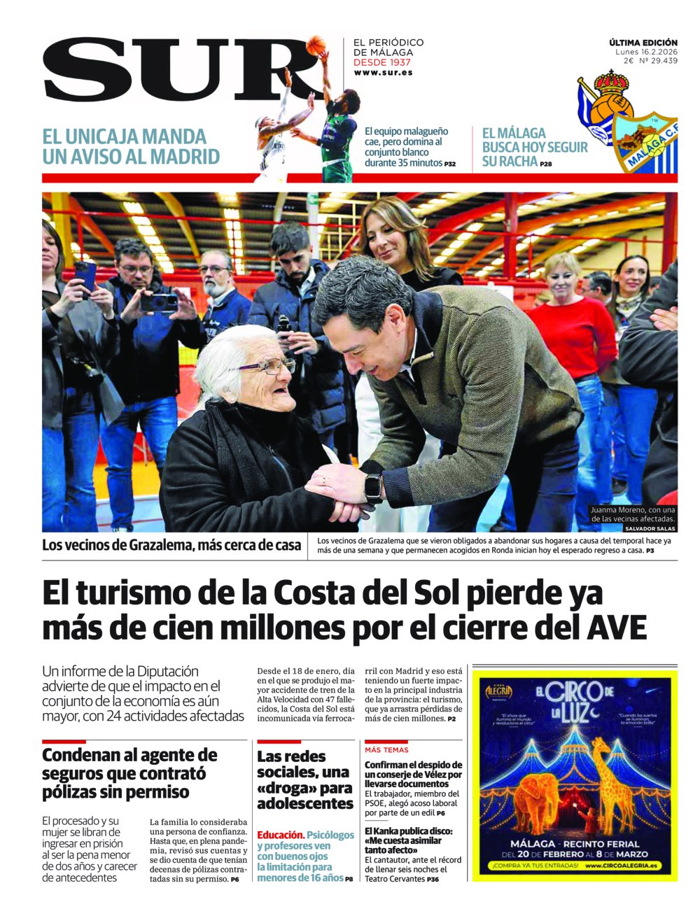 Portada de SUR, 16 de Febrero de 2026