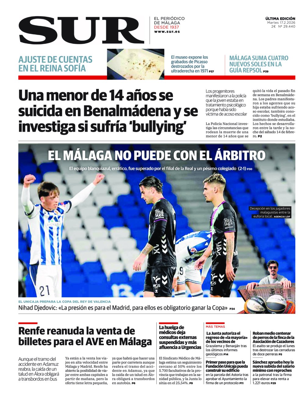 Portada de SUR, 17 de Febrero de 2026