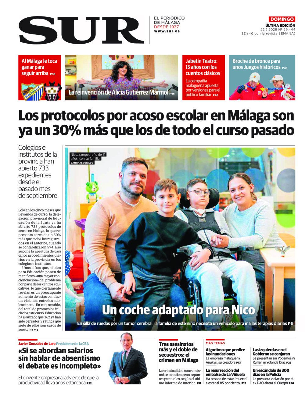 Portada de SUR, 22 de Febrero de 2026