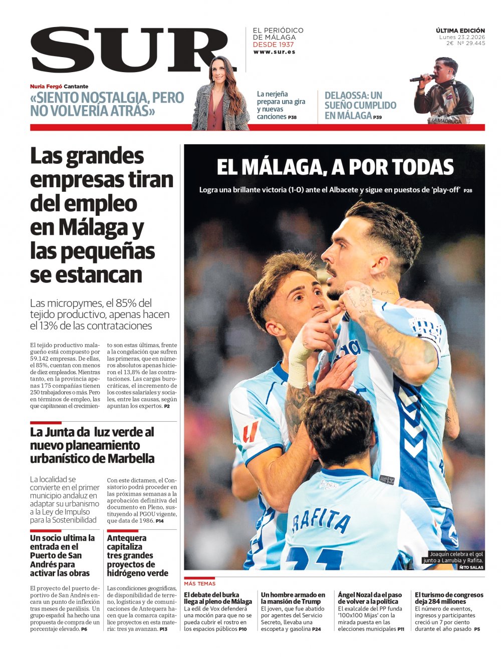 Portada de SUR, 23 de Febrero de 2026