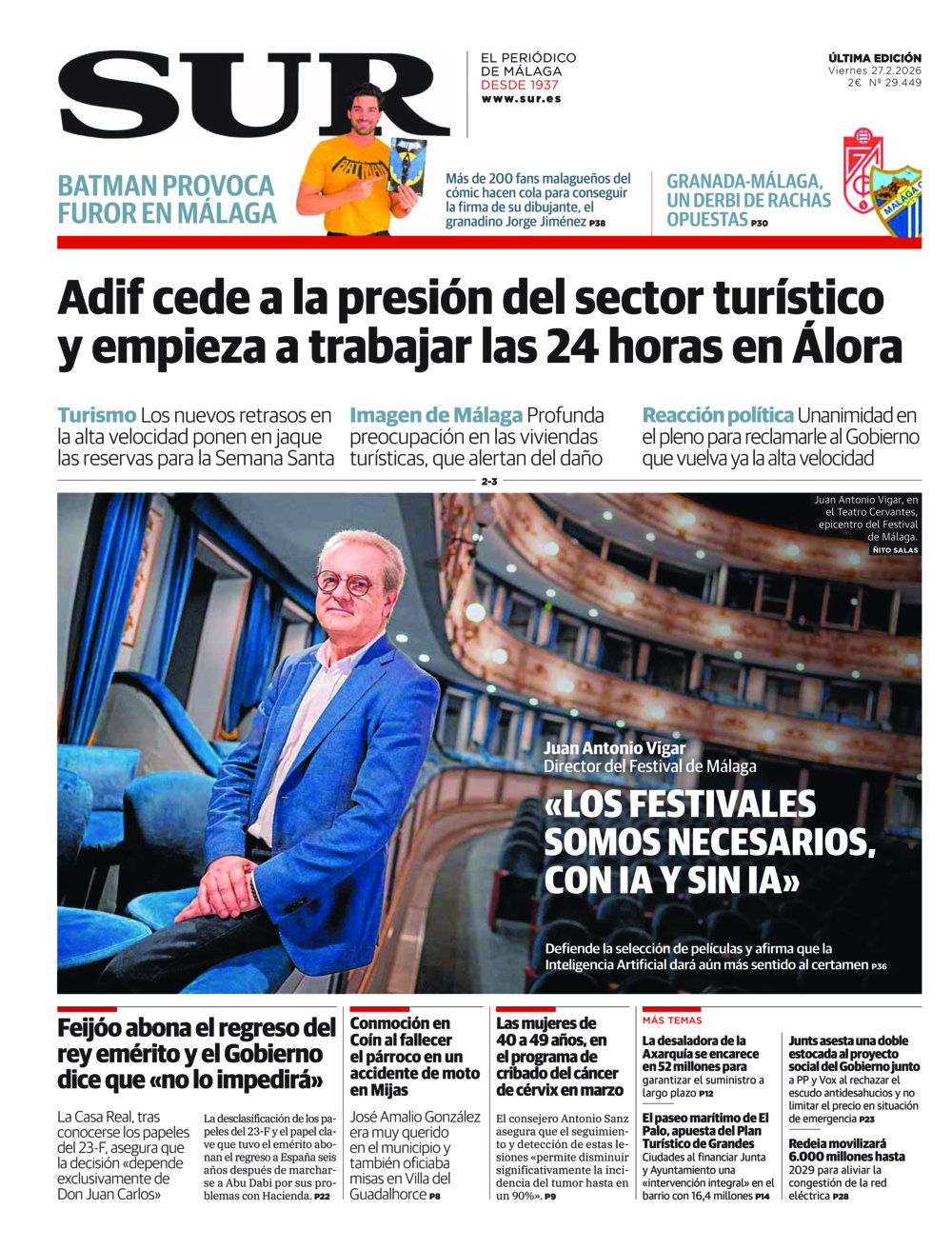 Portada de SUR, 27 de Febrero de 2026