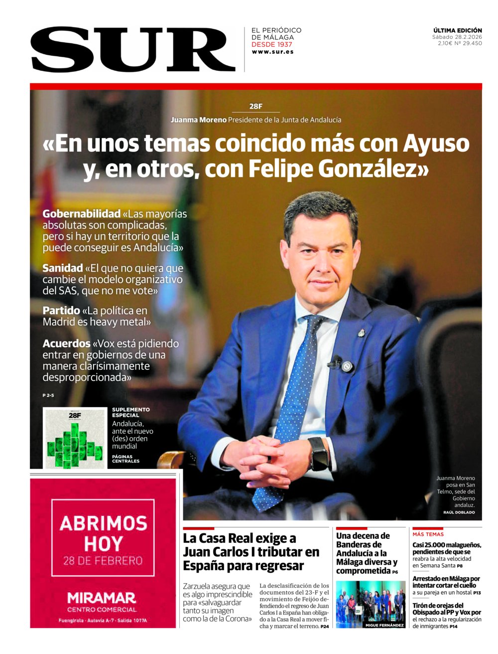 Portada de SUR, 28 de Febrero de 2026