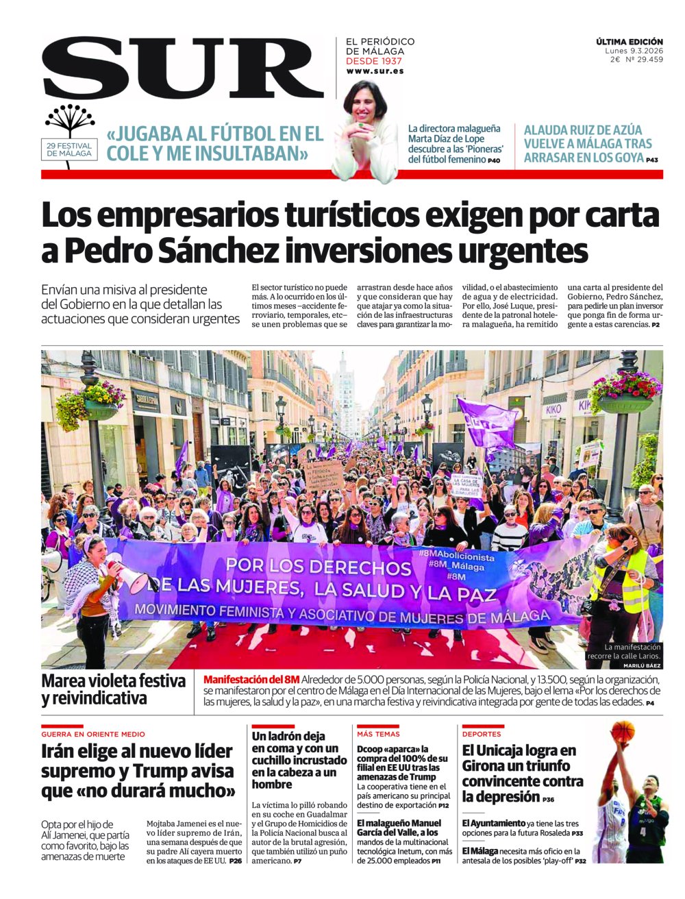 Portada de SUR, 09 de Marzo de 2026