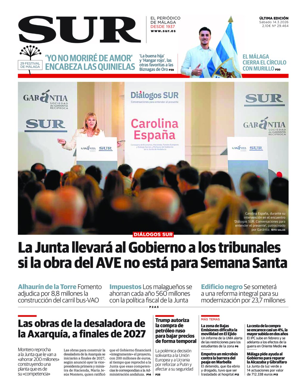 Portada de SUR, 14 de Marzo de 2026