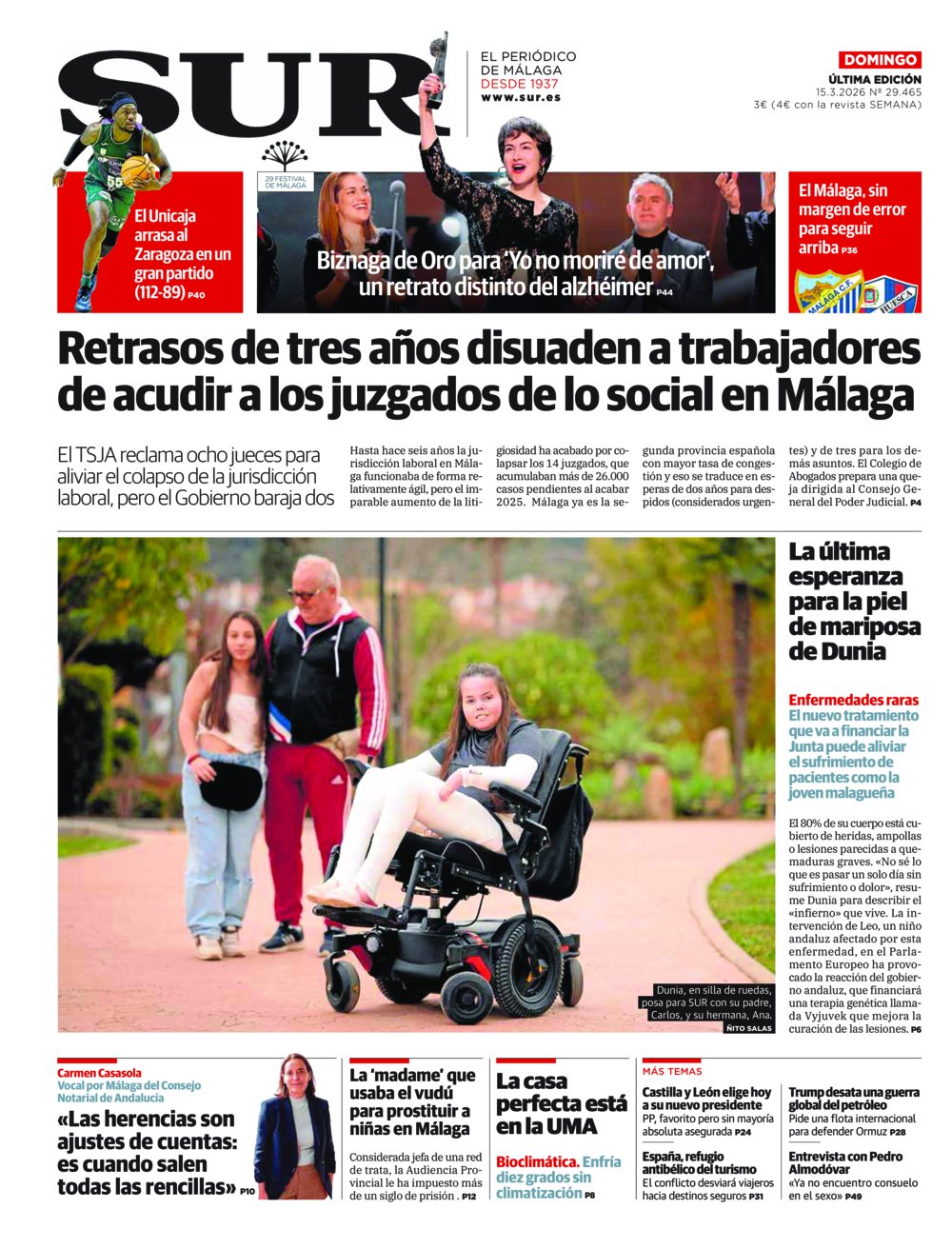 Portada de SUR, 15 de Marzo de 2026