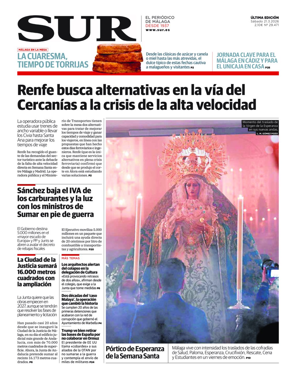 Portada de SUR, 21 de Marzo de 2026