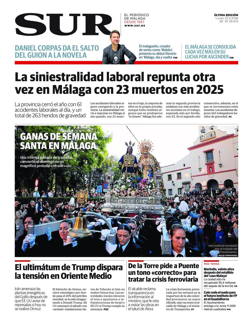 Portada de SUR, 23 de Marzo de 2026