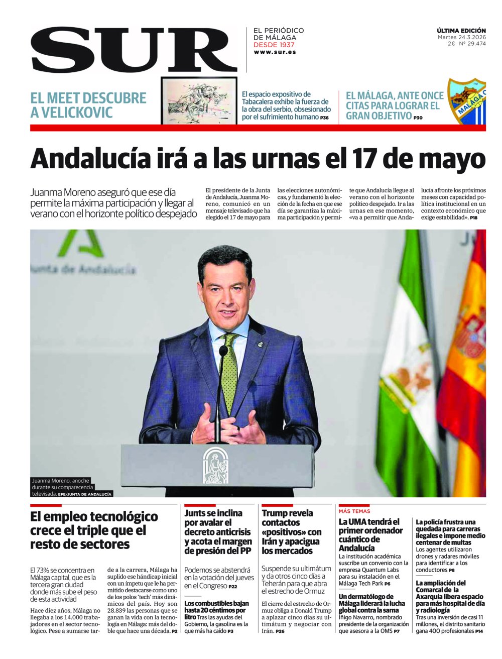 Portada de SUR, 24 de Marzo de 2026
