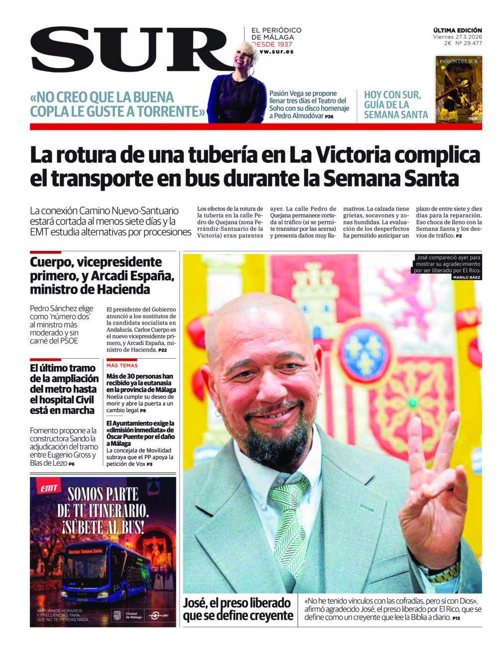 Portada de SUR, 27 de Marzo de 2026