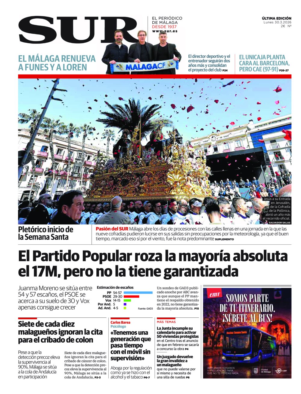 Portada de SUR, 30 de Marzo de 2026