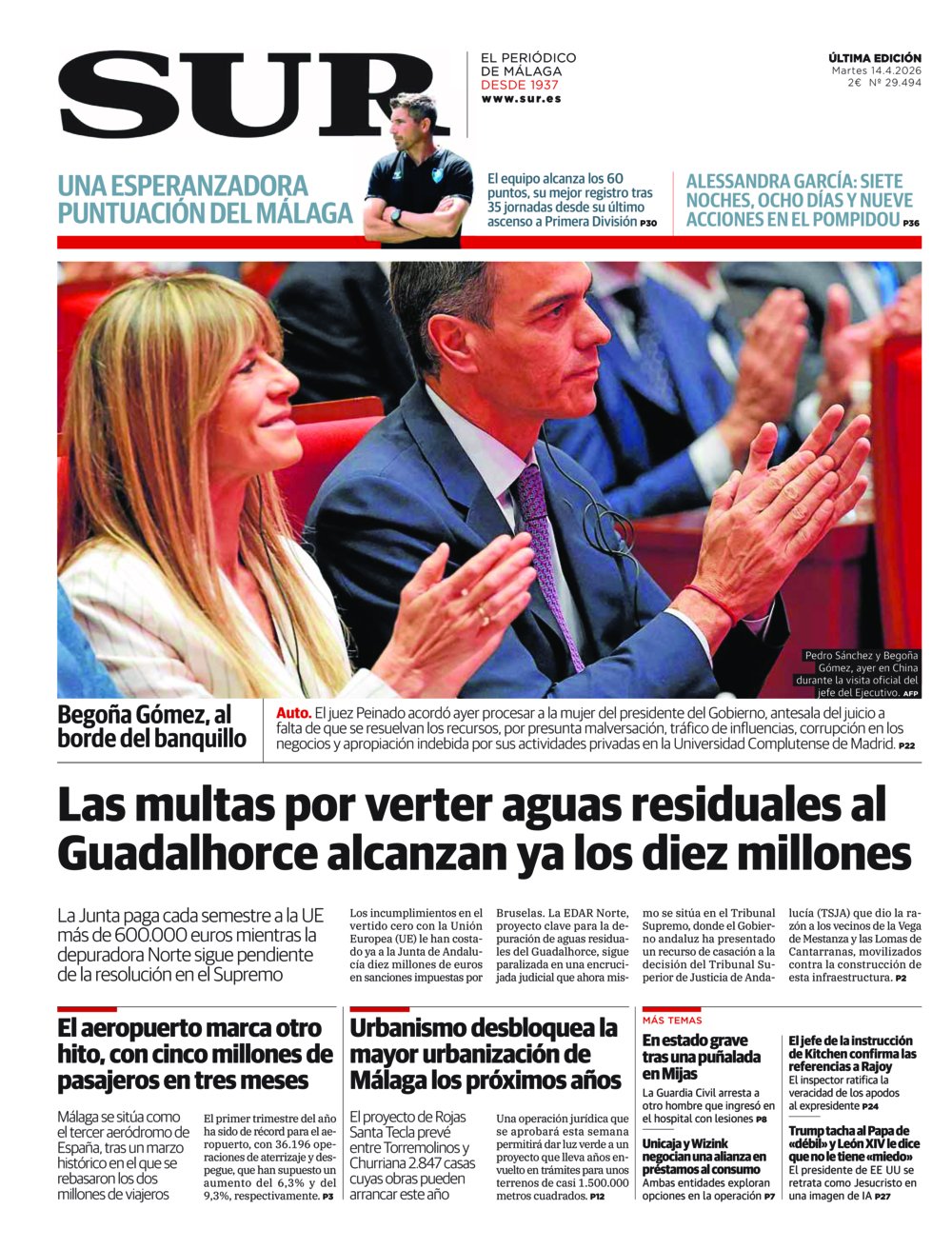 Portada de SUR, 14 de Abril de 2026