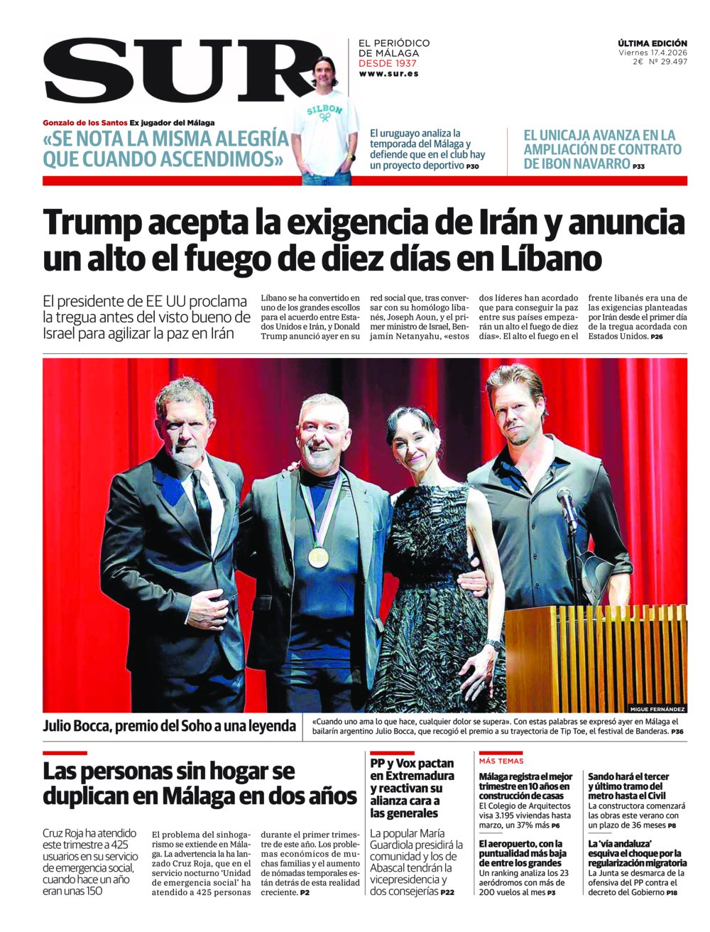 Portada de SUR, 17 de Abril de 2026