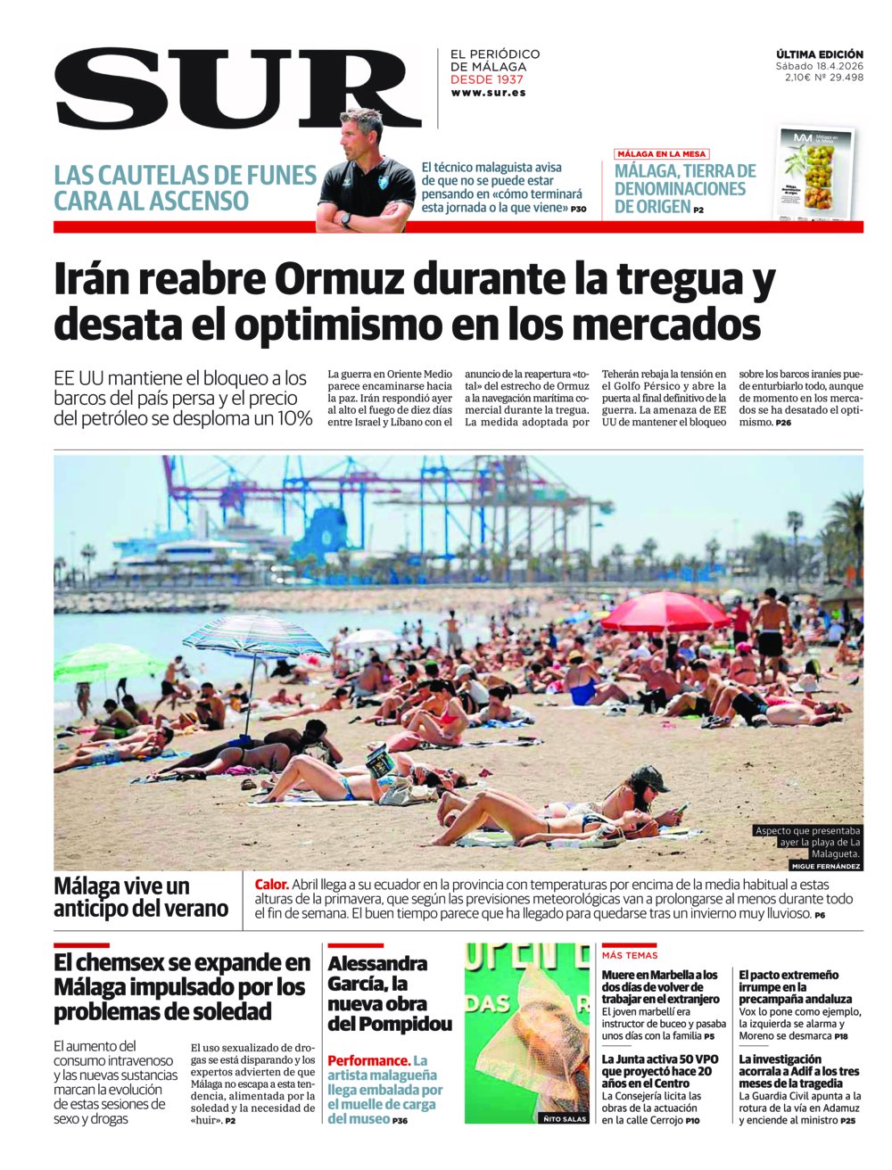 Portada de SUR, 18 de Abril de 2026