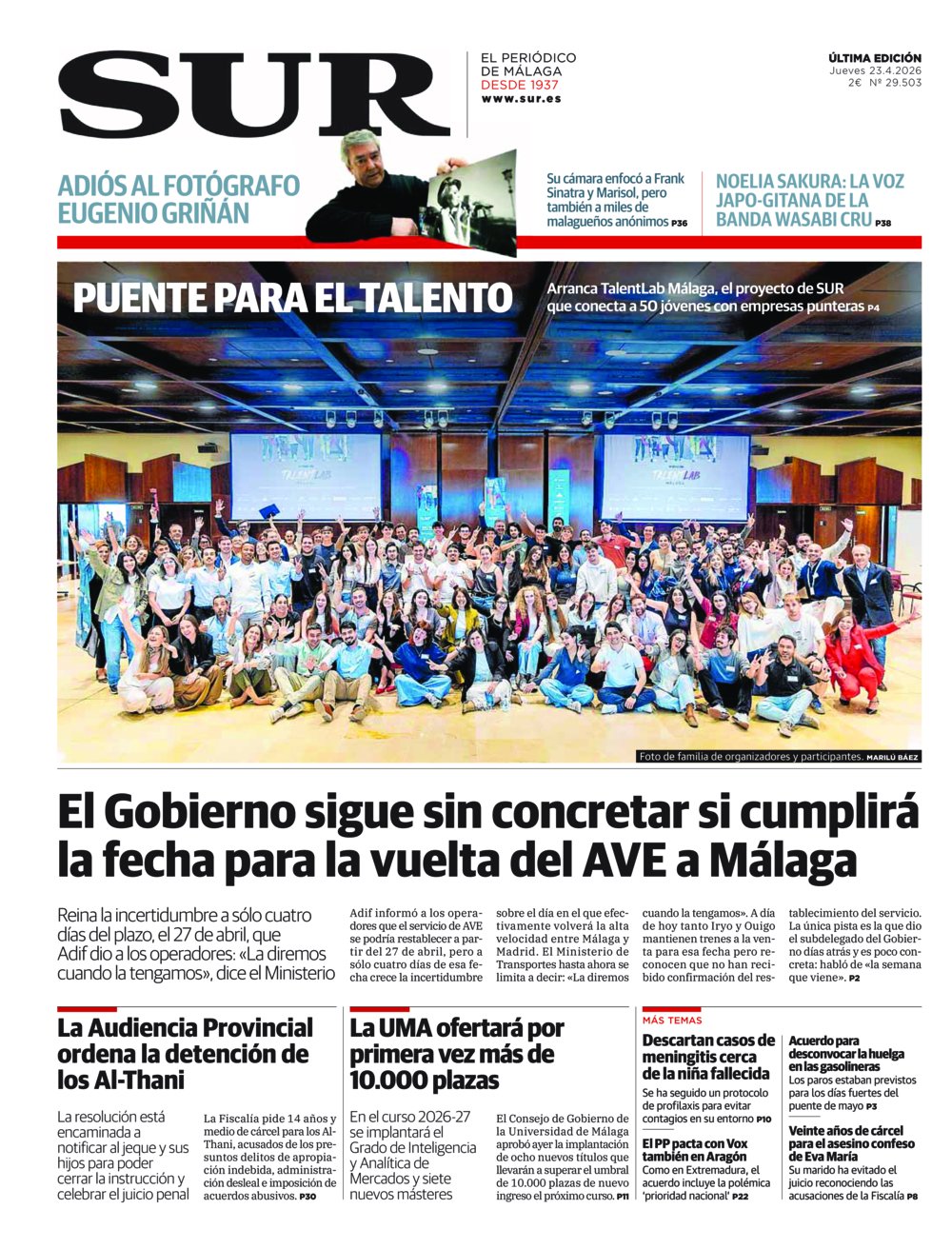Portada de SUR, 23 de Abril de 2026