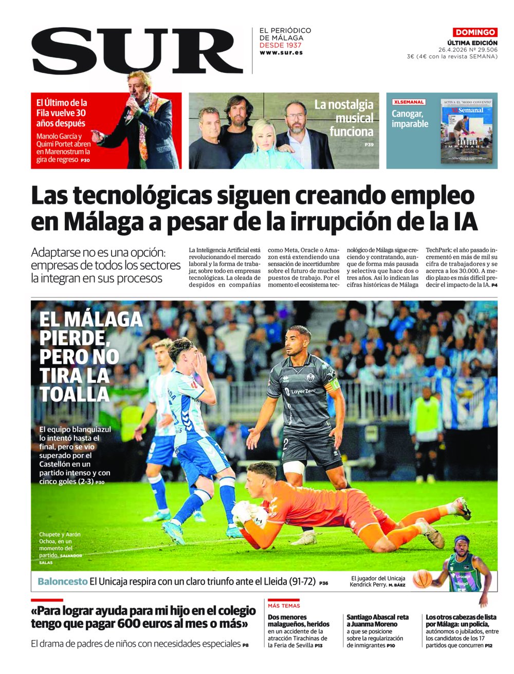 Portada de SUR, 26 de Abril de 2026