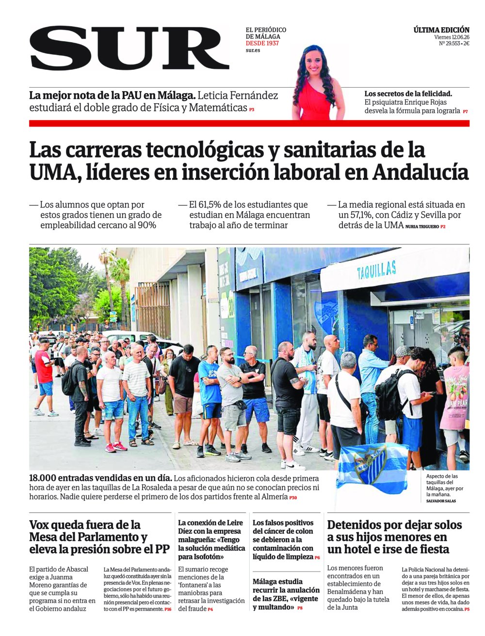 Portada de SUR, 12 de Junio de 2026