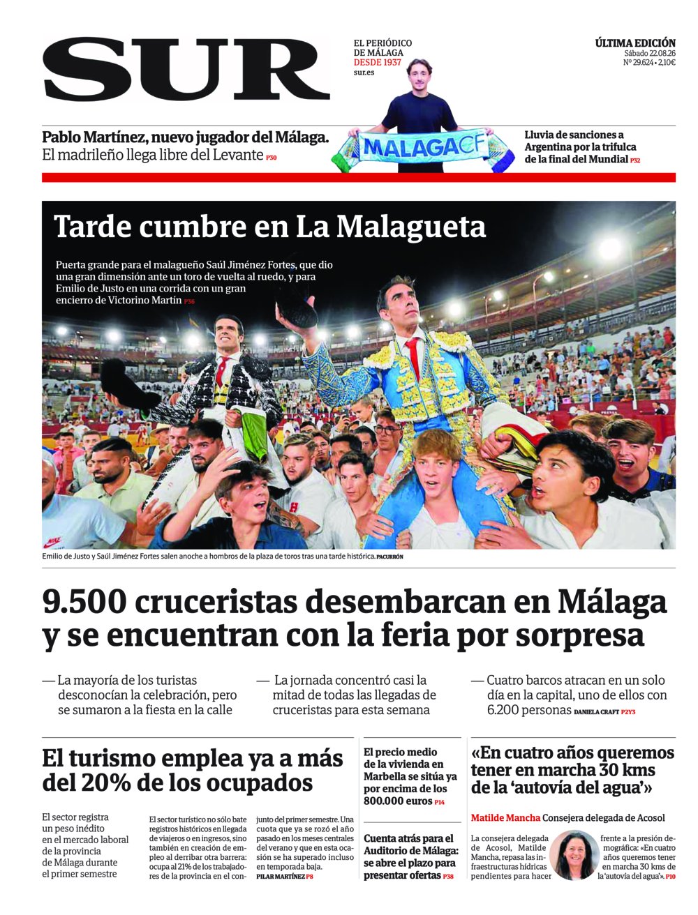 Portada de SUR, 22 de Agosto de 2026