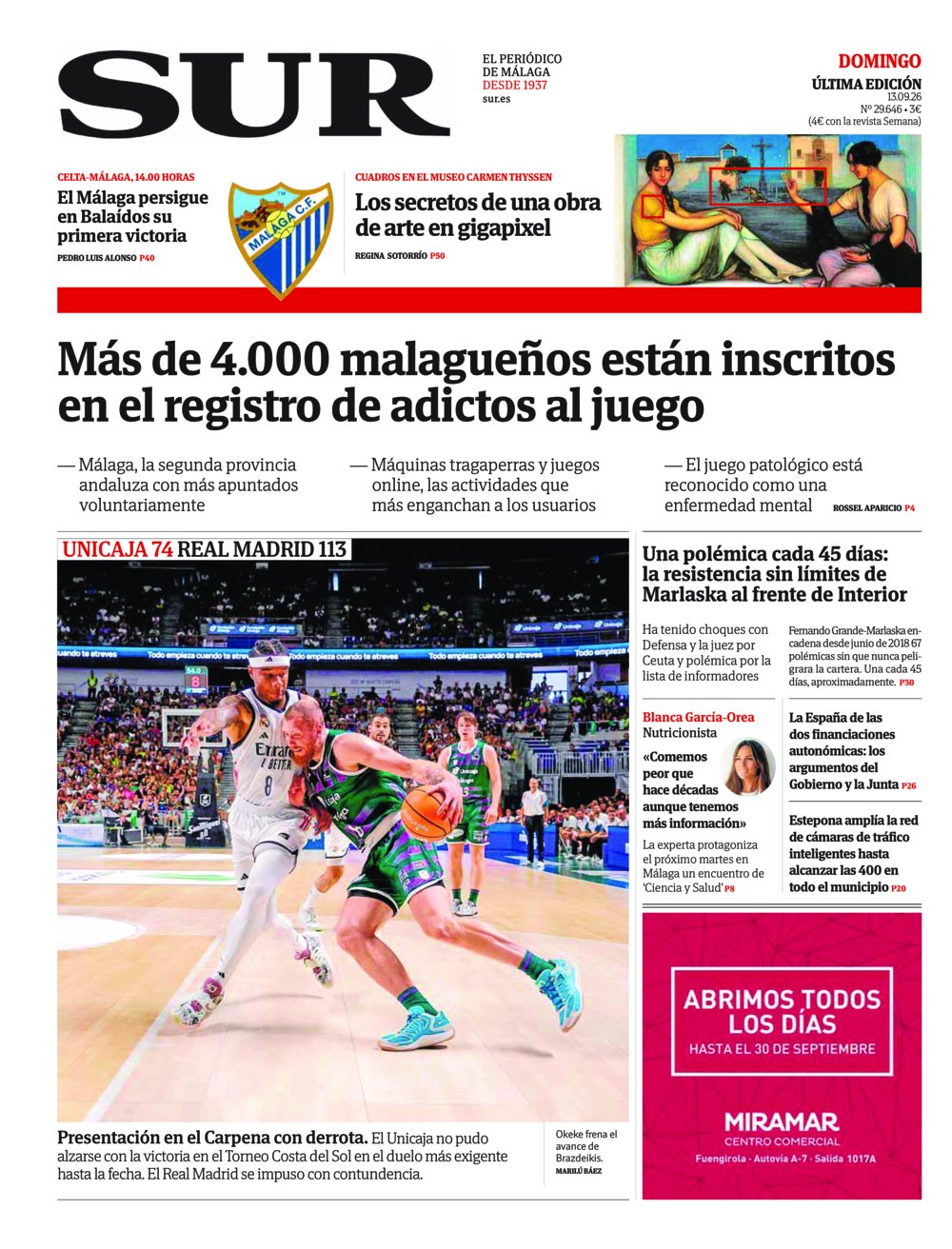 Portada de SUR, 13 de Septiembre de 2026