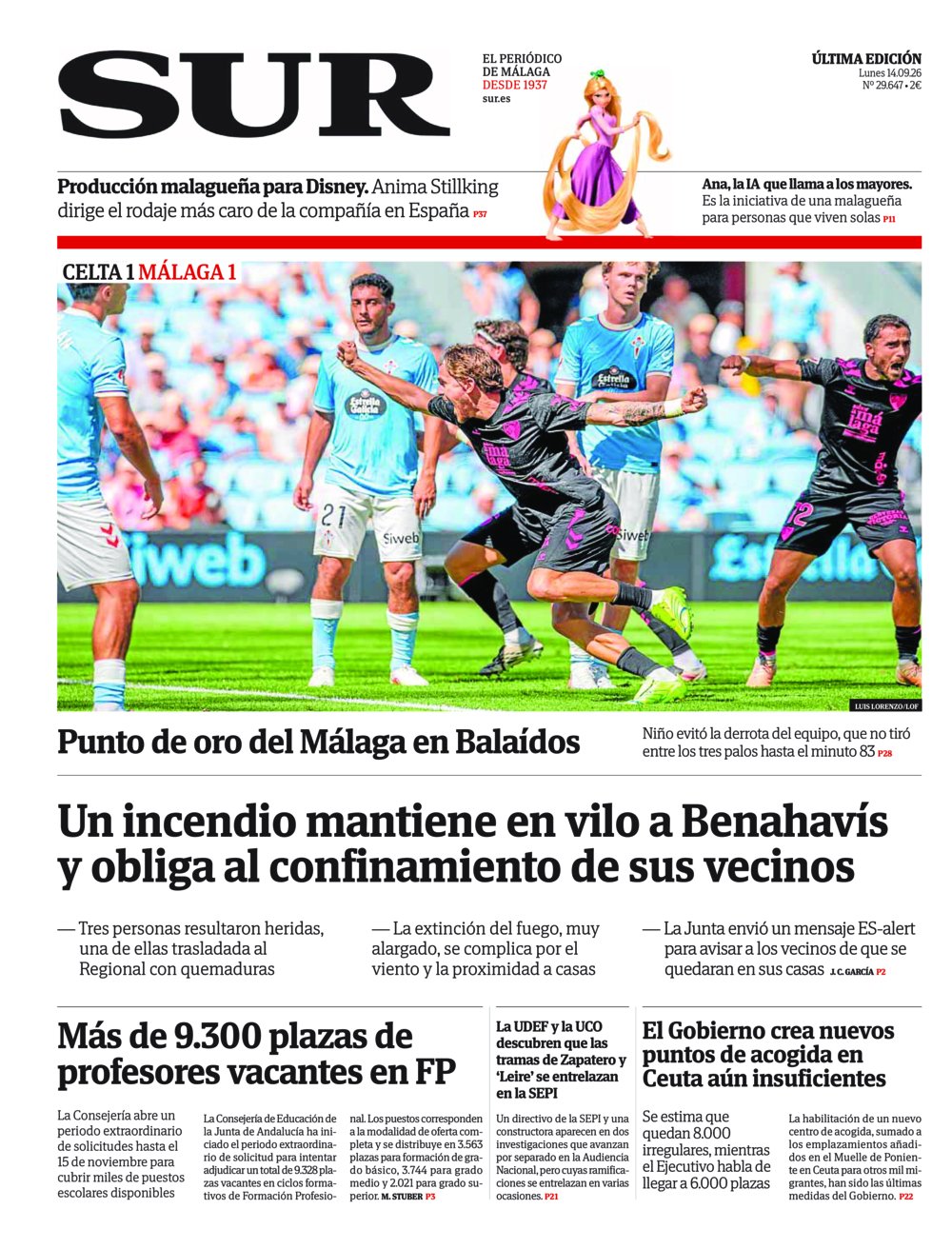 Portada de SUR, 14 de Septiembre de 2026