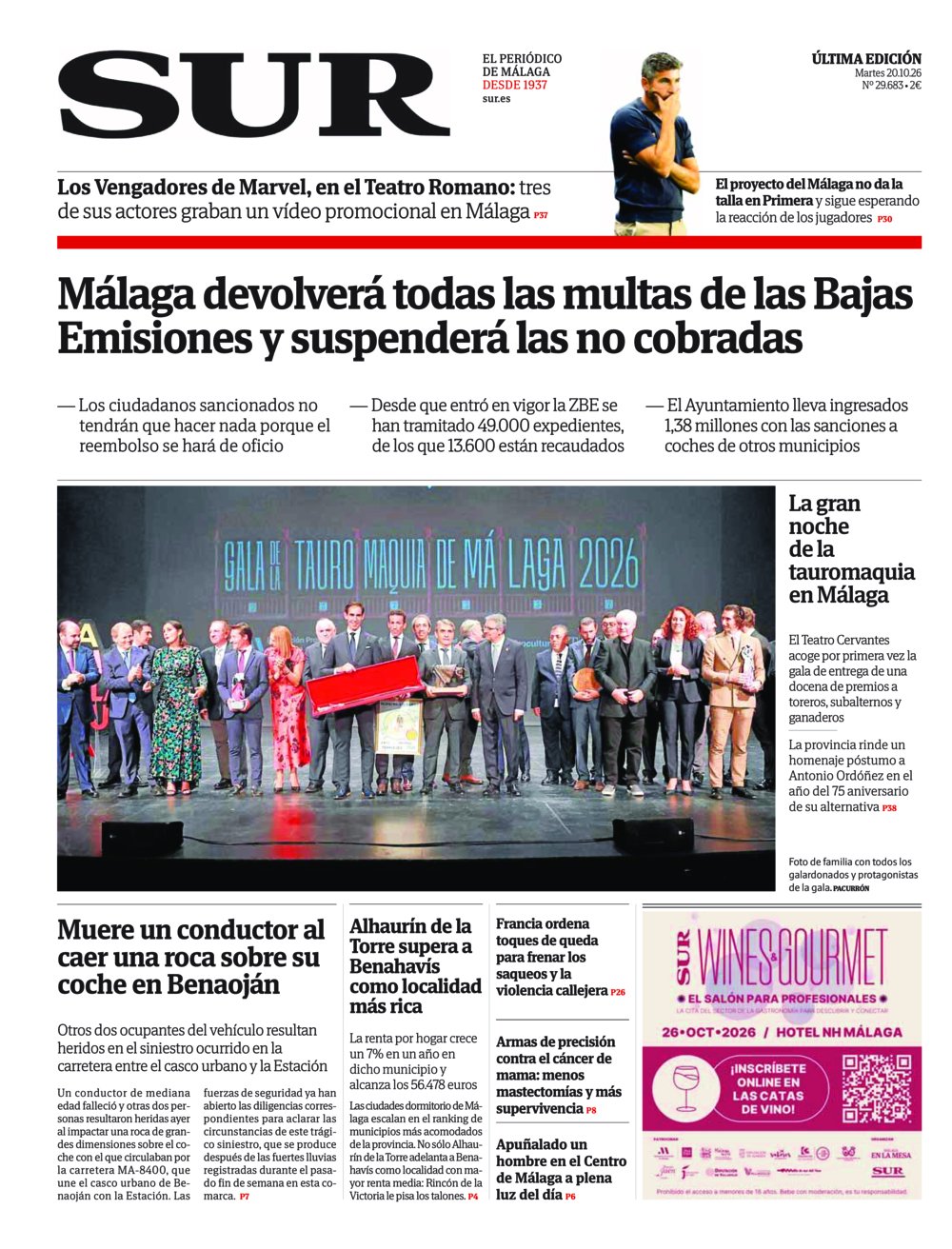 Portada de SUR, 20 de Octubre de 2026