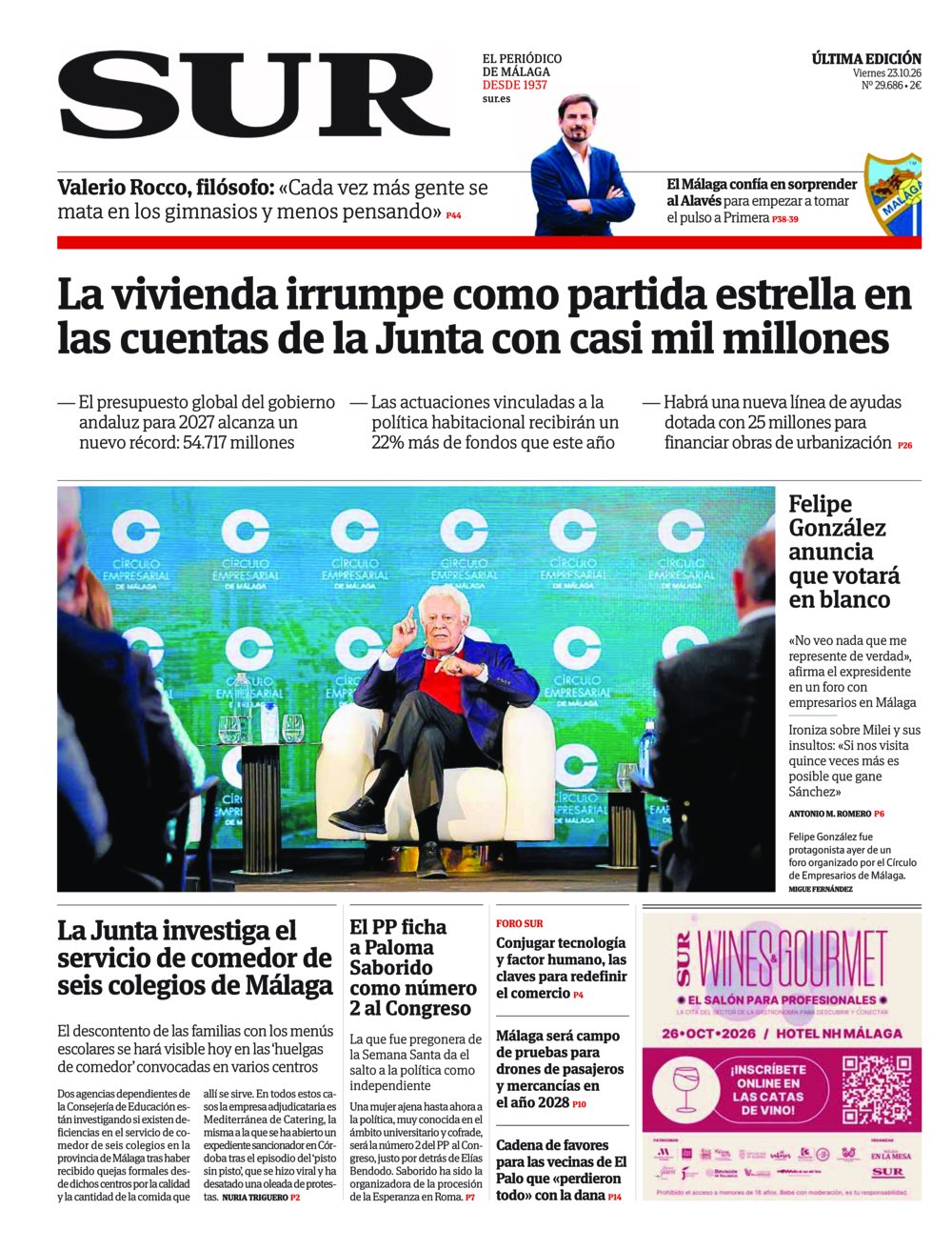 Portada de SUR, 23 de Octubre de 2026
